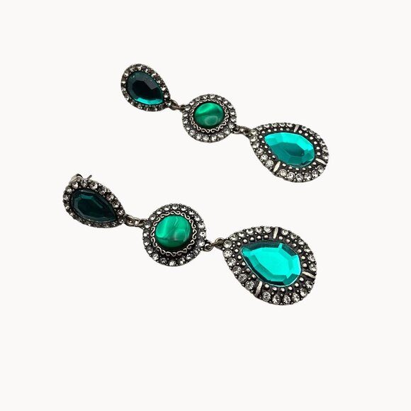 Whimsigoth Punk VTG Retro Style Teardrop Silver Emerald Green Tone Boho Earrings - Picture 2 of 7